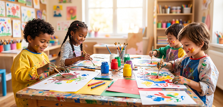 Kinder beim kreativen Arbeiten mit Papier